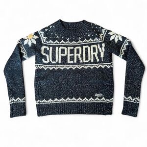 Vintage SUPERDRY Navy Blue Sparkly Metallic Wool Knit Embellished Sweater